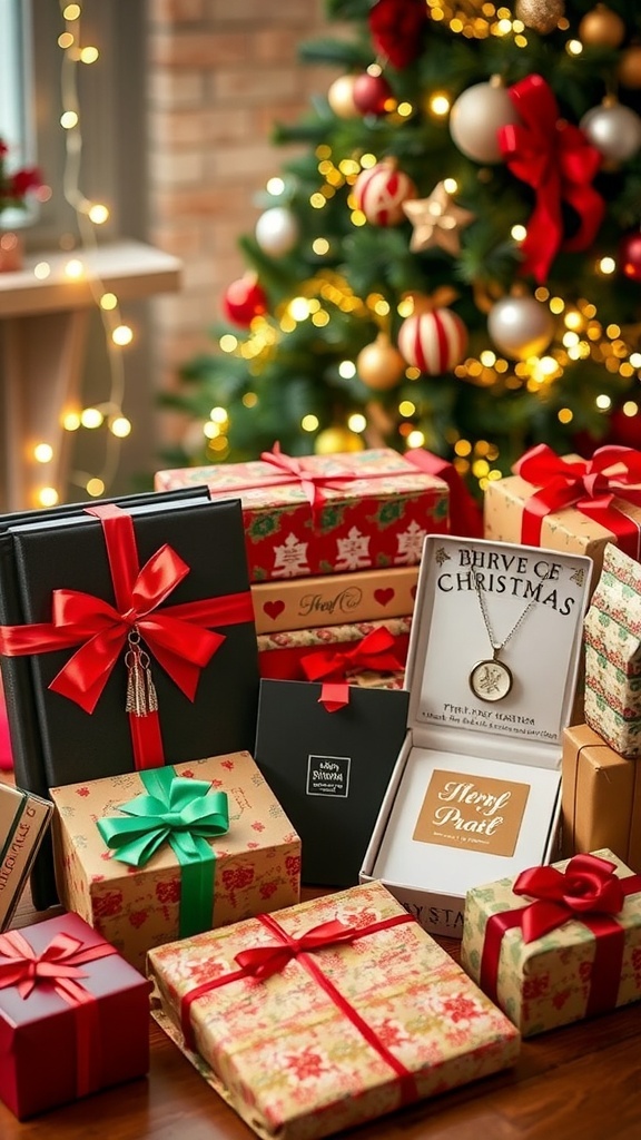 A festive display of Christmas gifts including a photo album, jewelry, and subscription box, wrapped in colorful paper.